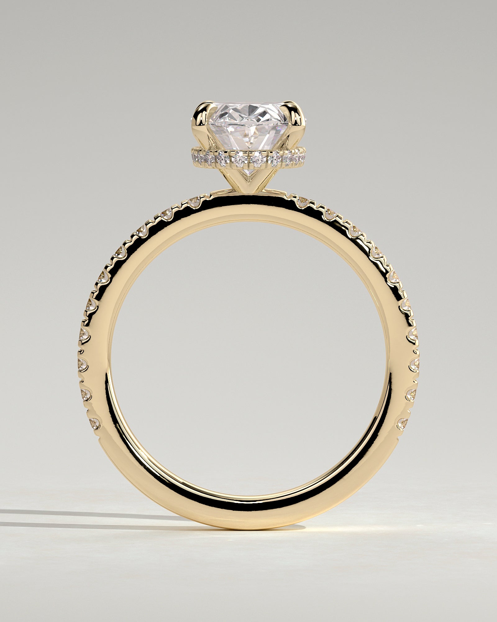 Evangeline - Oval Claw Solitaire with Wrap Around Hidden Halo and Pave Band Engagement Ring - Yellow Gold - Yellow Gold 2ct