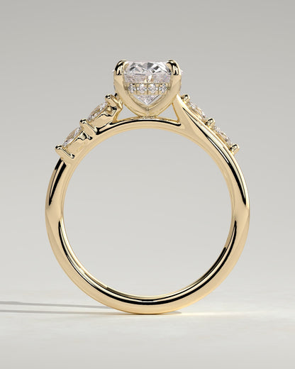 Jamie - Oval Claw Solitaire with Hidden Halo, Opposing Marquise Accents and Cathedral High Setting Engagement Ring - Yellow Gold