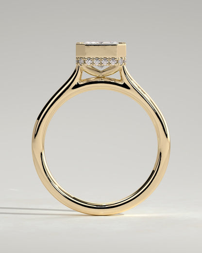 Bennie - Radiant Bezel Solitaire with Hidden Halo and Cathedral High Setting Engagement Ring - Yellow Gold