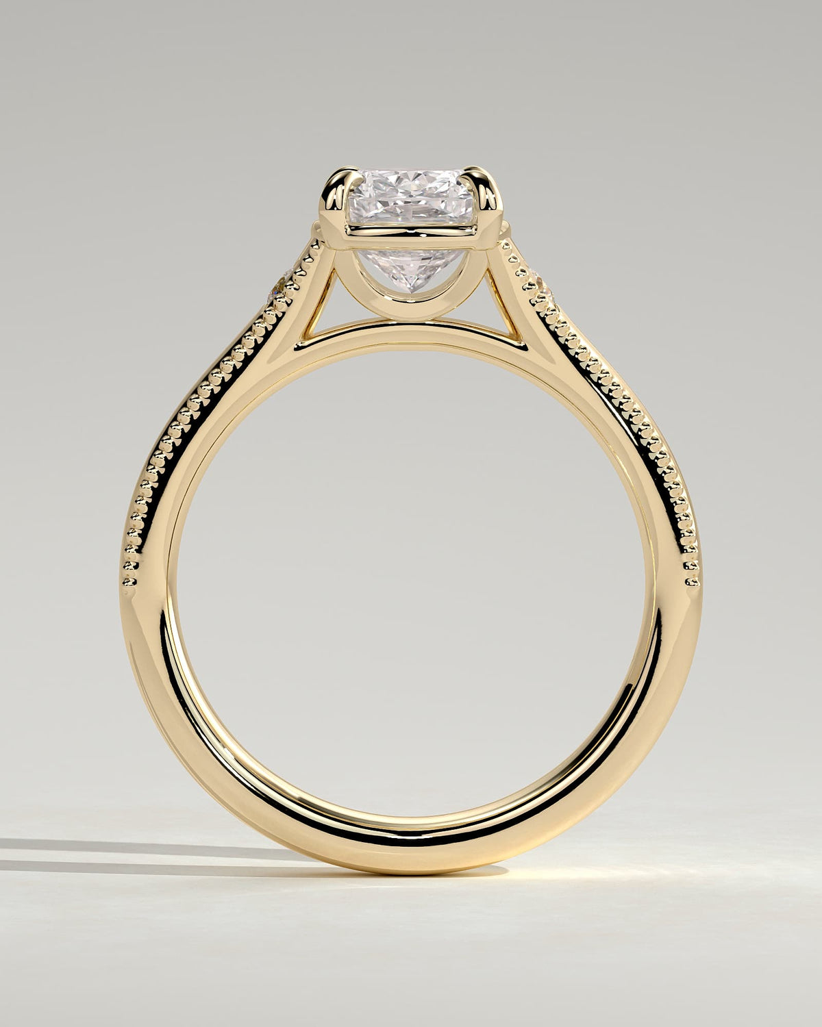 Taylor - Vintage Style Elongated Cushion Claw Solitaire with Bezel Frame and Star Set Accent Stones, Milgrain and Pinched Reverse Tapered Band Engagement Ring - Yellow Gold