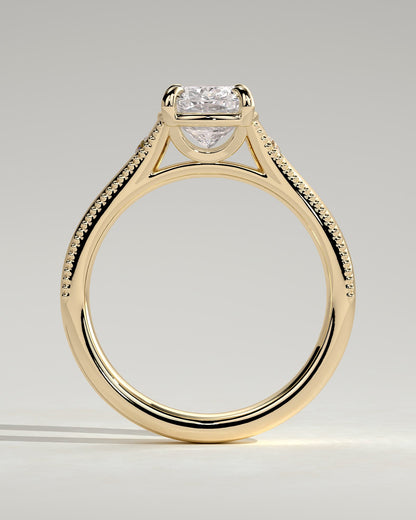 Taylor - Vintage Style Elongated Cushion Claw Solitaire with Bezel Frame and Star Set Accent Stones, Milgrain and Pinched Reverse Tapered Band Engagement Ring - Yellow Gold