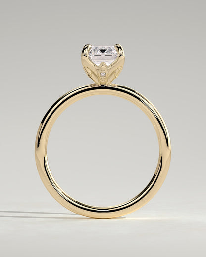 Dove - Emerald Claw Solitaire with Petal Gallery and Accent Leaf Detail Engagement Ring - Yellow Gold