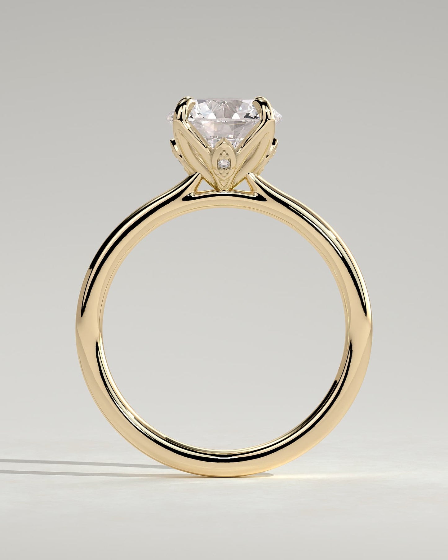 Brianna - Round Claw Solitaire with Petal Gallery, Accent Leaf Detail and Cathedral Setting Engagement Ring - Yellow Gold