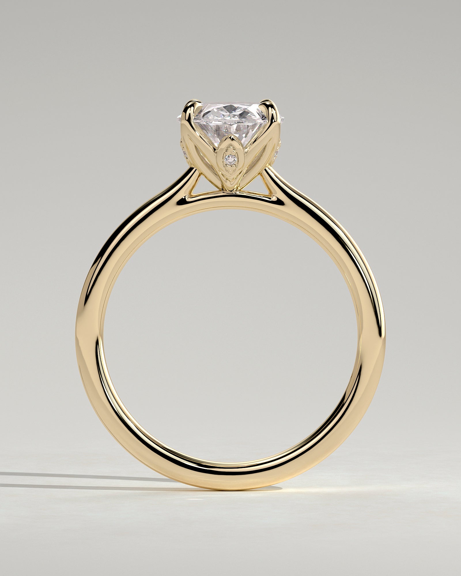 Erica - Oval Claw Solitaire with Petal Gallery, Accent Leaf Detail and Cathedral Setting Engagement Ring - Yellow Gold - Yellow Gold 2ct