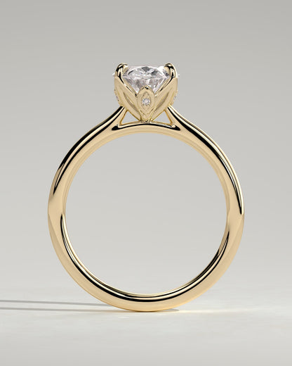 Erica - Oval Claw Solitaire with Petal Gallery, Accent Leaf Detail and Cathedral Setting Engagement Ring - Yellow Gold