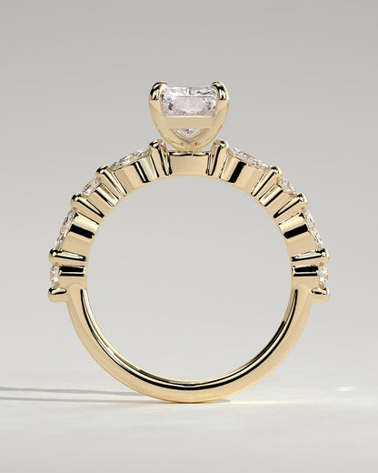 Dayna - Radiant Claw Solitaire with Marquise and Round Accent Stones Engagement Ring - Yellow Gold