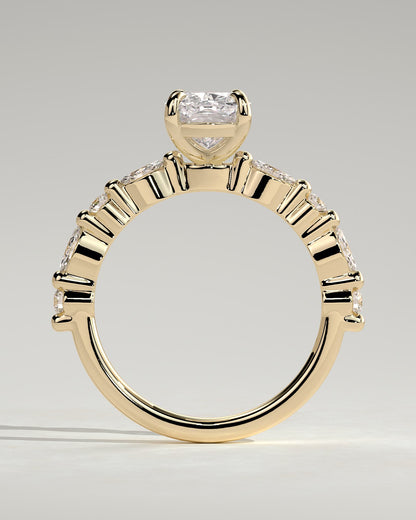 Delphine - Elongated Cushion Claw Solitaire with Marquise and Round Accent Stones Engagement Ring - Yellow Gold