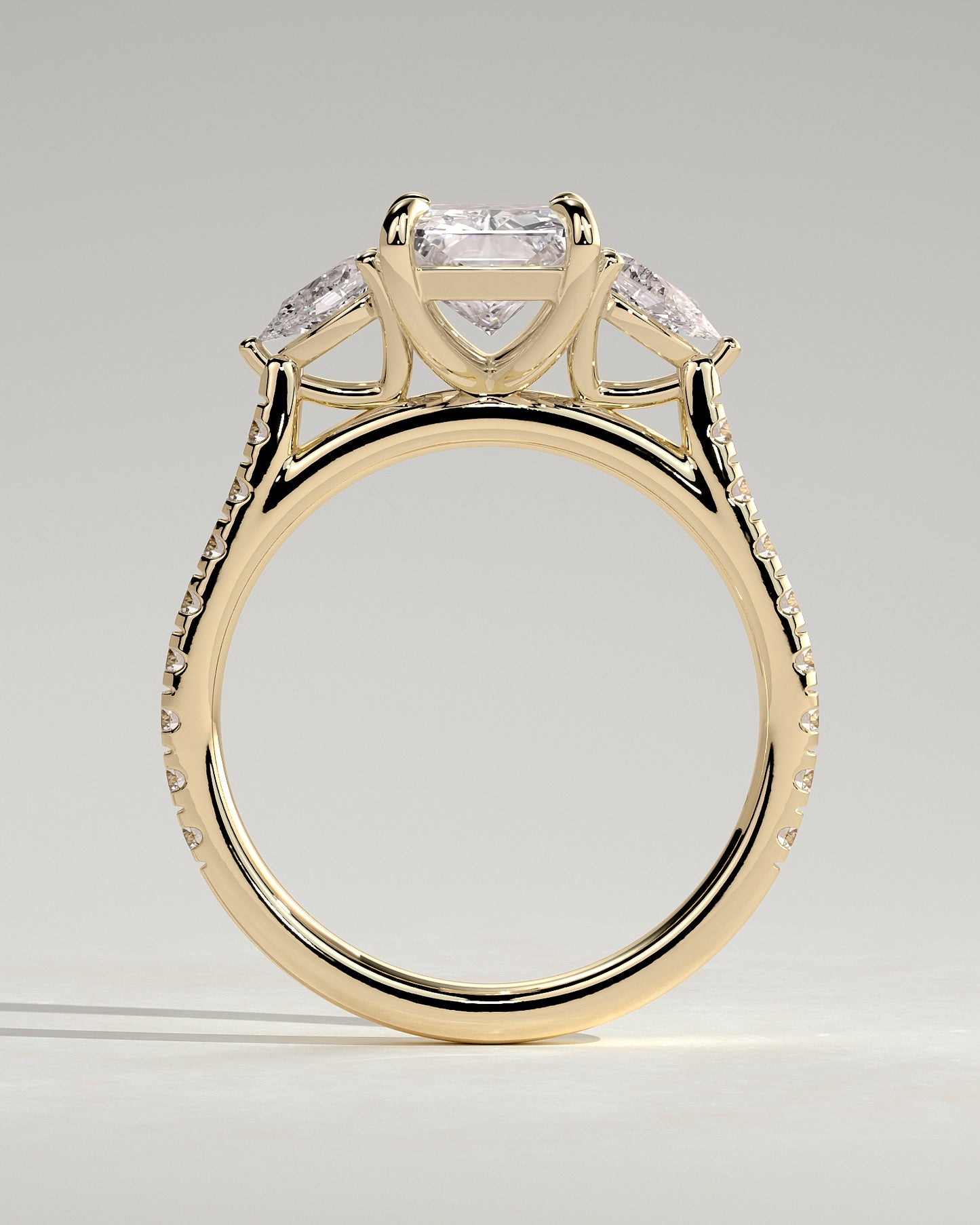 Ginny - Radiant Claw Trilogy with Pear Side Stones and Pave Band Engagement Ring - Yellow Gold - Yellow Gold 2ct