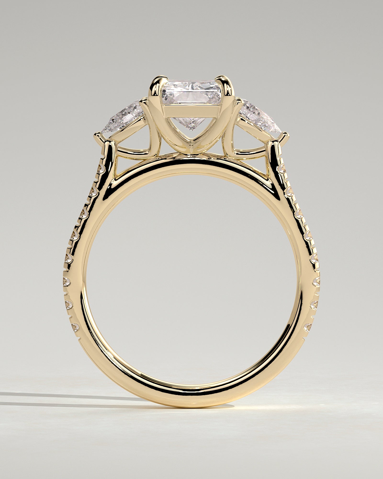 Ginny - Radiant Claw Trilogy with Pear Side Stones and Pave Band Engagement Ring - Yellow Gold - Yellow Gold 2ct