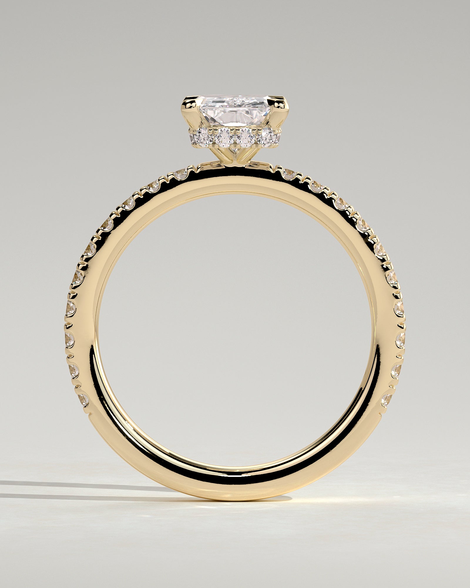 Ellie - Radiant Claw Solitaire with Wrap Around Hidden Halo and Pave Band Engagement Ring - Yellow Gold - Yellow Gold 2ct