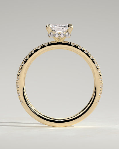 Ellie - Radiant Claw Solitaire with Wrap Around Hidden Halo and Pave Band Engagement Ring - Yellow Gold