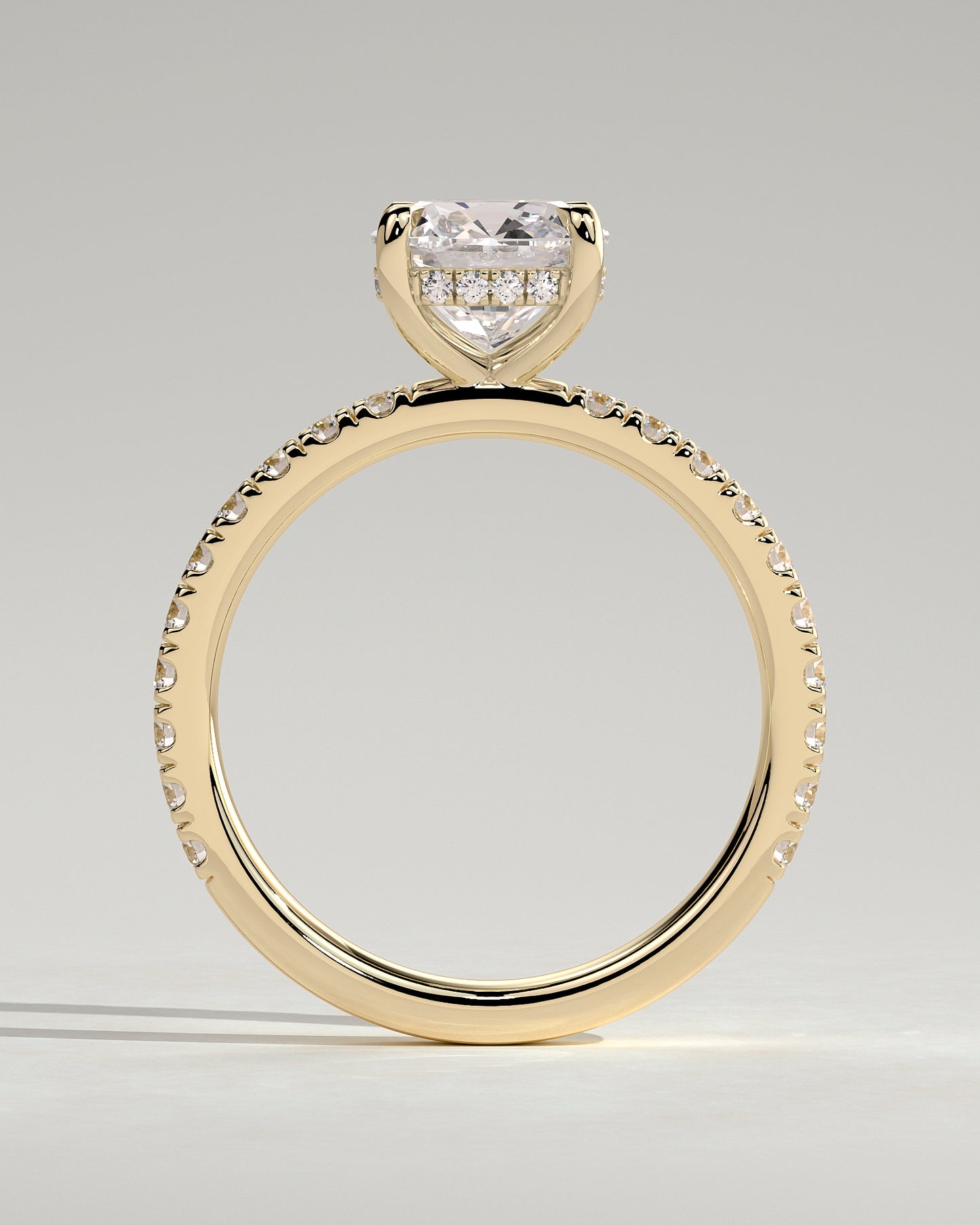 Claudia - Cushion Claw Solitaire with Hidden Halo and Pave Band Engagement Ring - Yellow Gold - Yellow Gold 2ct