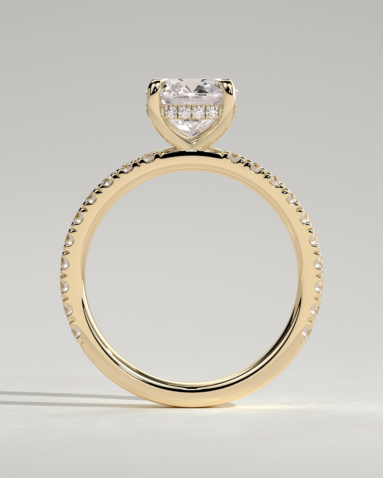 Claudia - Cushion Claw Solitaire with Hidden Halo and Pave Band Engagement Ring - Yellow Gold - Yellow Gold 2ct