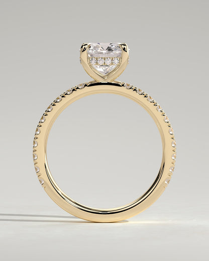 Claudia - Cushion Claw Solitaire with Hidden Halo and Pave Band Engagement Ring - Yellow Gold