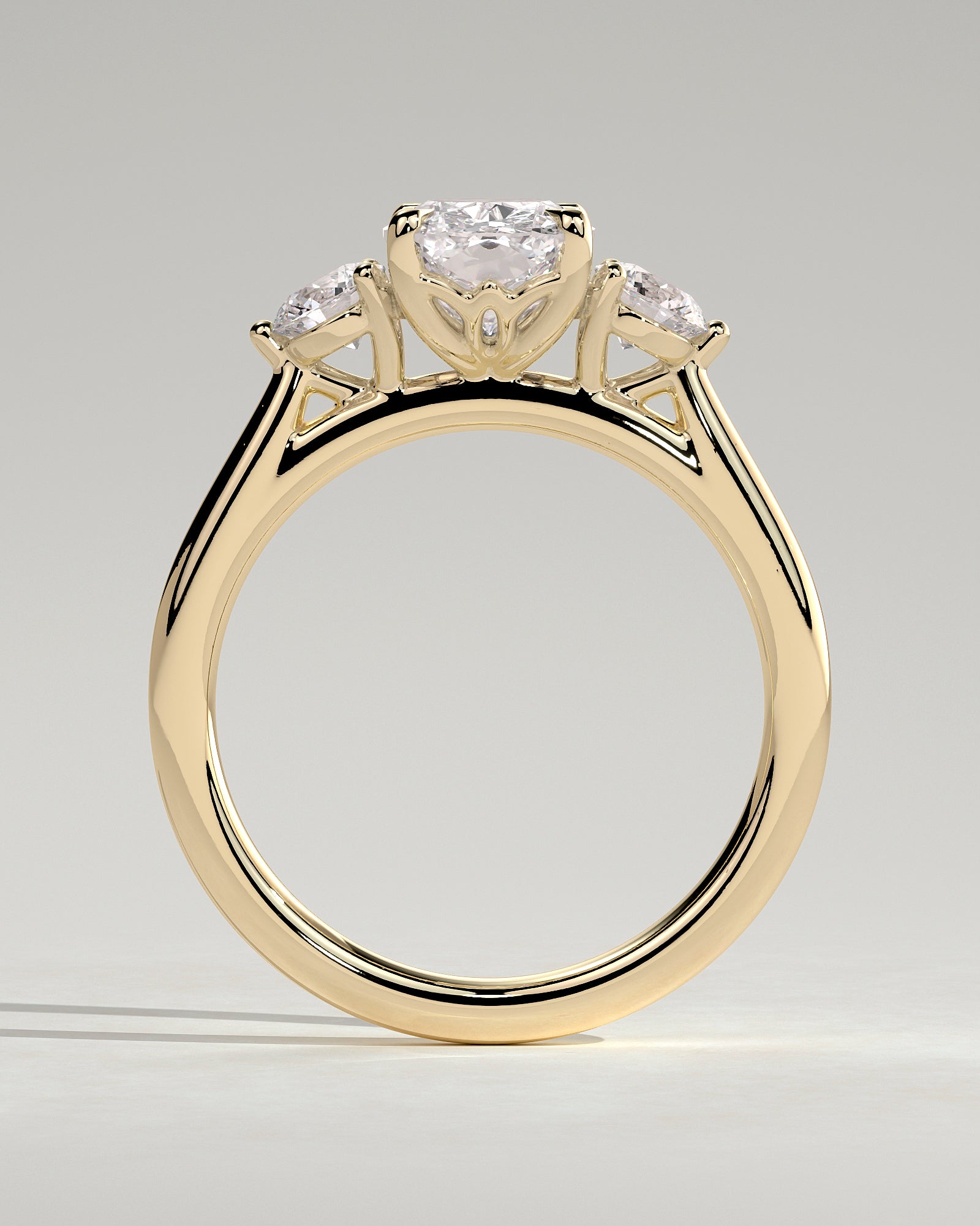 Charmaine - Elongated Cushion Claw Trilogy with Round Side Stones and Lily Detail Engagement Ring - Yellow Gold - Yellow Gold 2ct