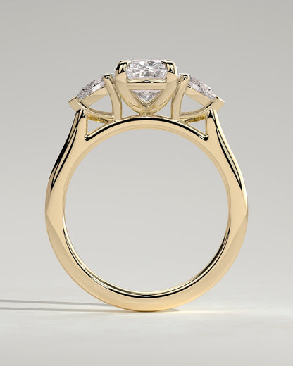 Cataleya - Elongated Cushion Claw Trilogy with Pear Side Stones and Cathedral Setting Engagement Ring - Yellow Gold
