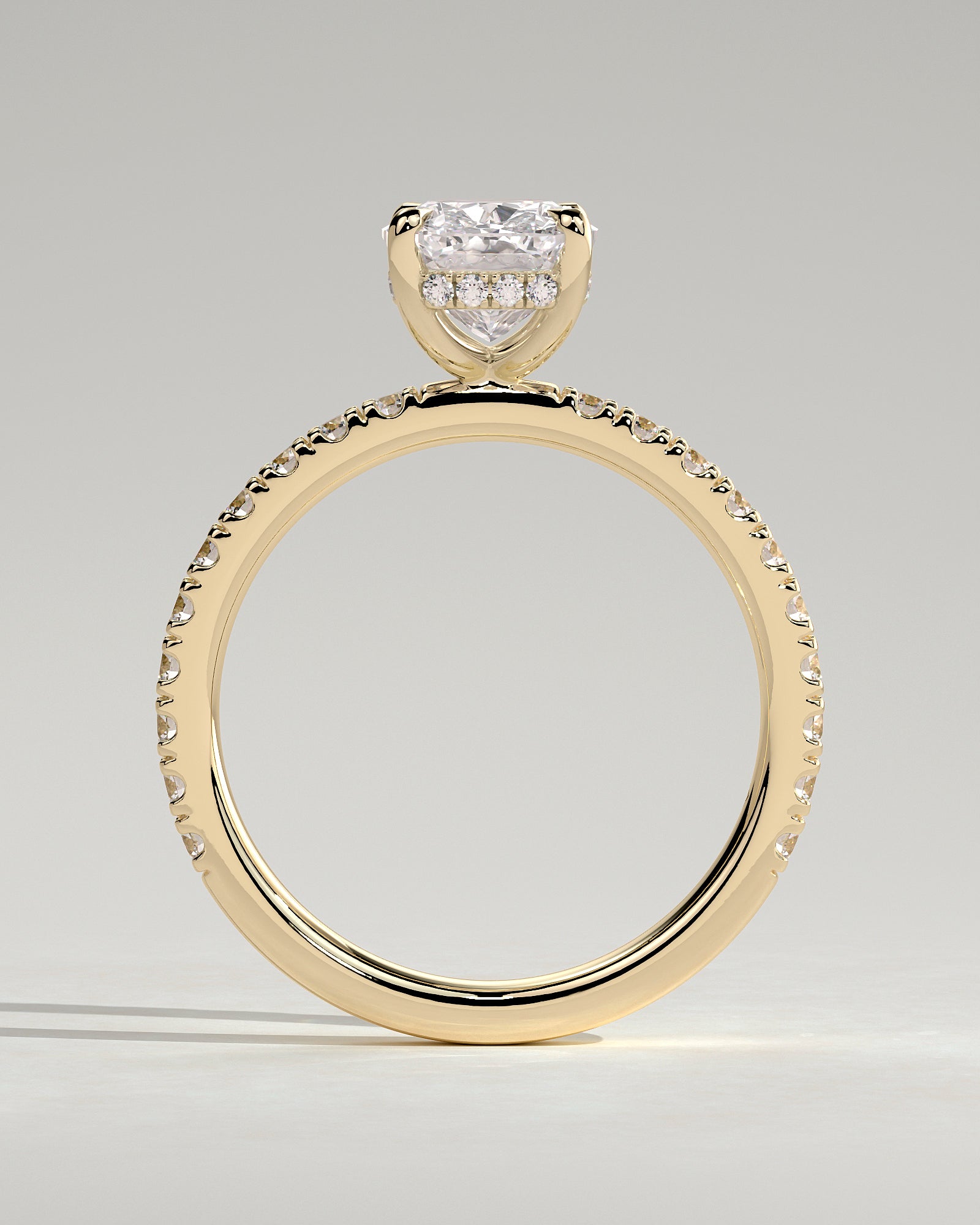 Camilla - Elongated Cushion Claw Solitaire with Hidden Halo and Pave Band Engagement Ring - Yellow Gold - Yellow Gold 2ct