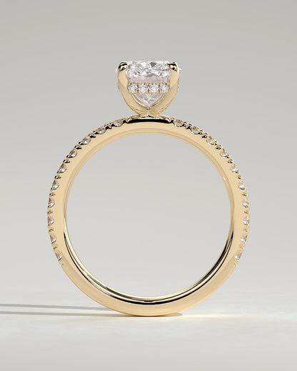 Camilla - Elongated Cushion Claw Solitaire with Hidden Halo and Pave Band Engagement Ring - Yellow Gold