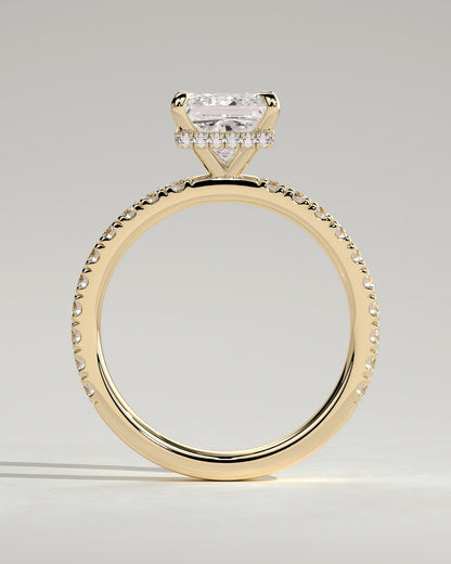 Brooklyn - Princess Claw Solitaire with Wrap Around Hidden Halo and Pave Band Engagement Ring - Yellow Gold