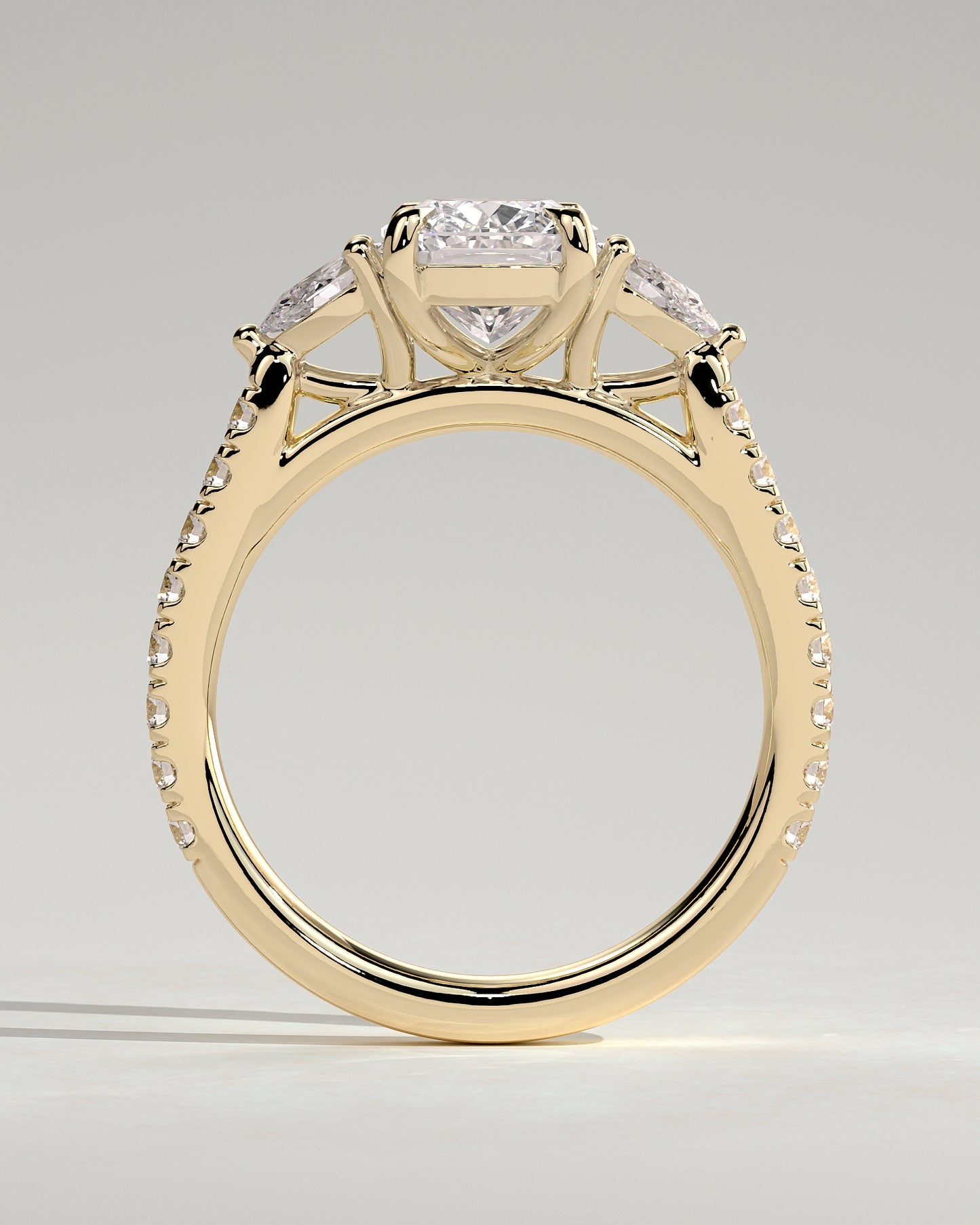 Bree - Elongated Cushion Claw Trilogy with Pear Side Stones and Pave Band Engagement Ring - Yellow Gold - Yellow Gold 2ct