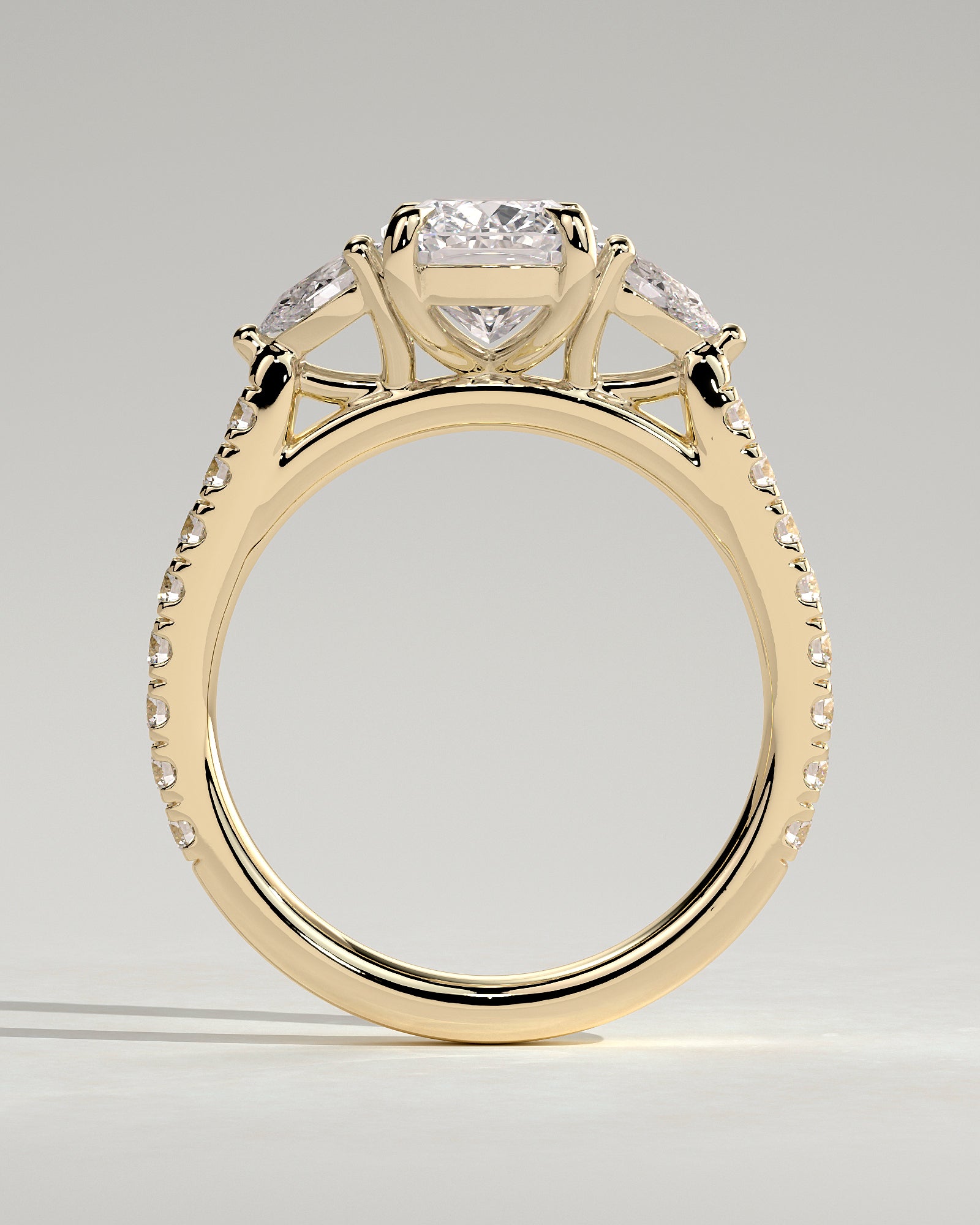 Bree - Elongated Cushion Claw Trilogy with Pear Side Stones and Pave Band Engagement Ring - Yellow Gold - Yellow Gold 2ct