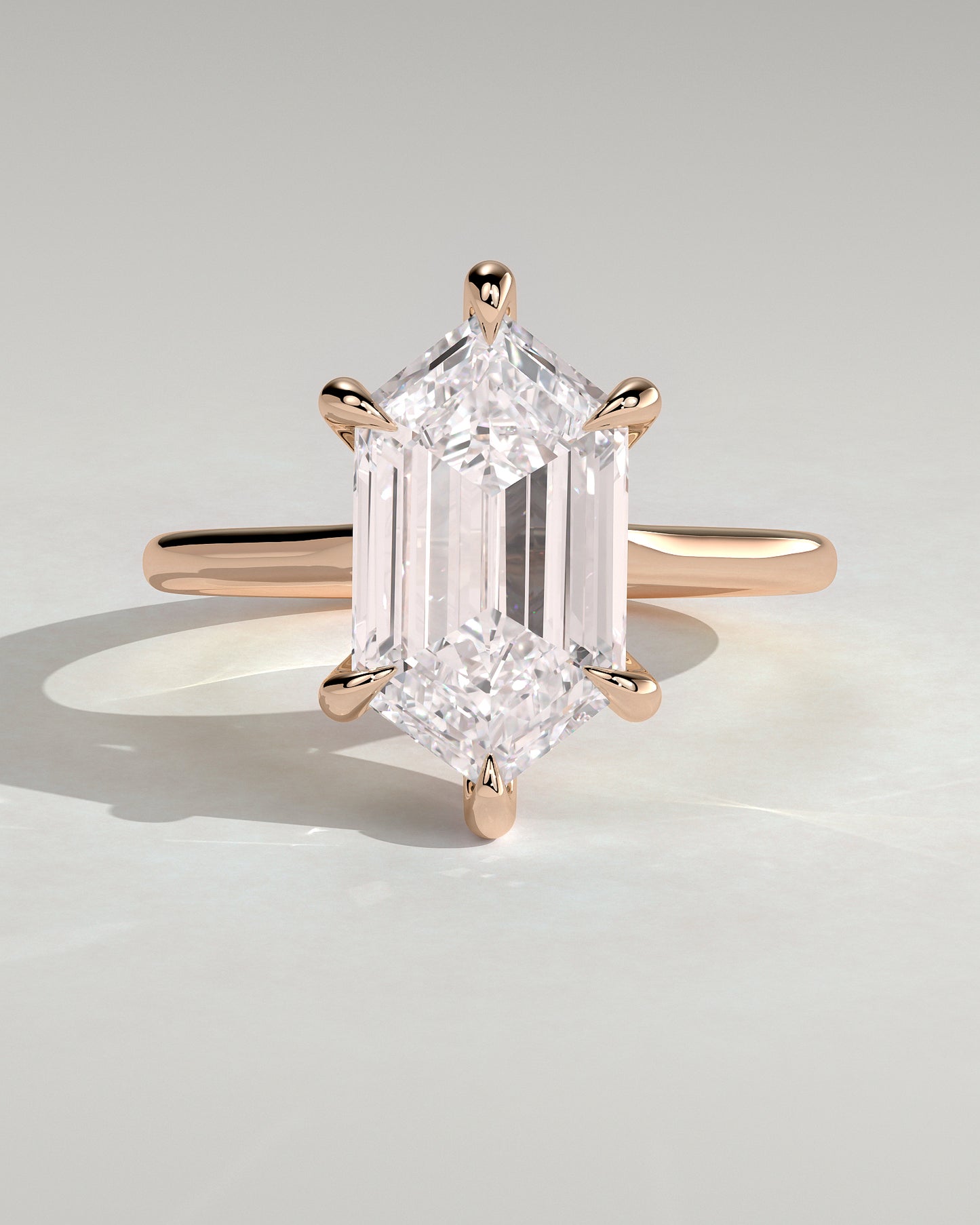 Anastasia - Elongated Hexagon Claw Solitaire with Hidden Halo and Cathedral High Setting Engagement Ring - Rose Gold