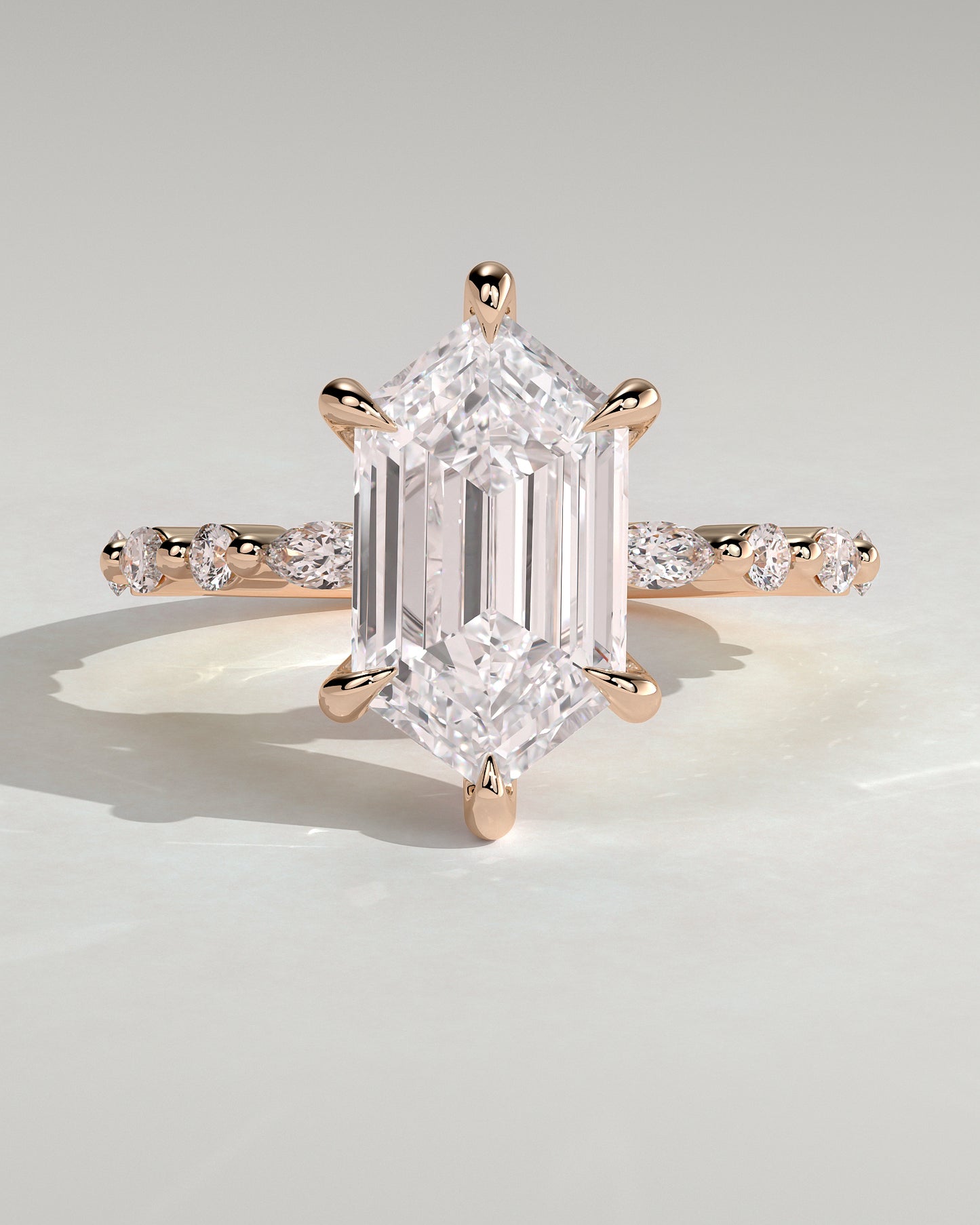Agnes - Elongated Hexagon Claw Solitaire with Marquise and Round Accent Stones Engagement Ring - Rose Gold