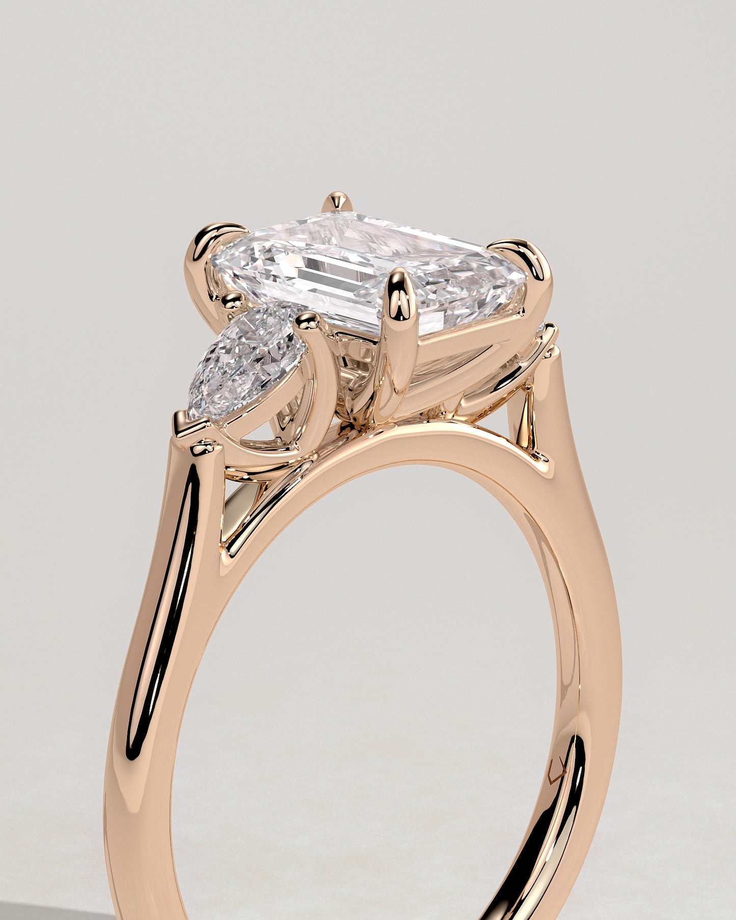 Davina - Emerald Claw Trilogy with Pear Side Stones and Cathedral Setting Engagement Ring - Rose Gold - Rose Gold 2ct