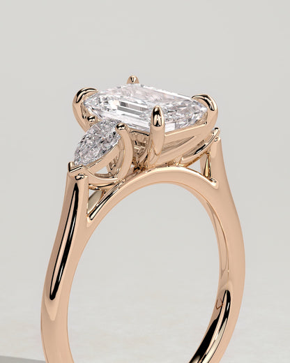 Davina - Emerald Claw Trilogy with Pear Side Stones and Cathedral Setting Engagement Ring - Rose Gold