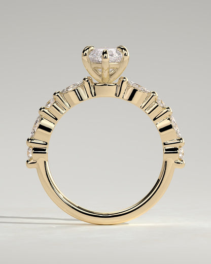 Beatrice - Marquise Claw Solitaire with Marquise and Round Accent Stones Engagement Ring - Yellow Gold