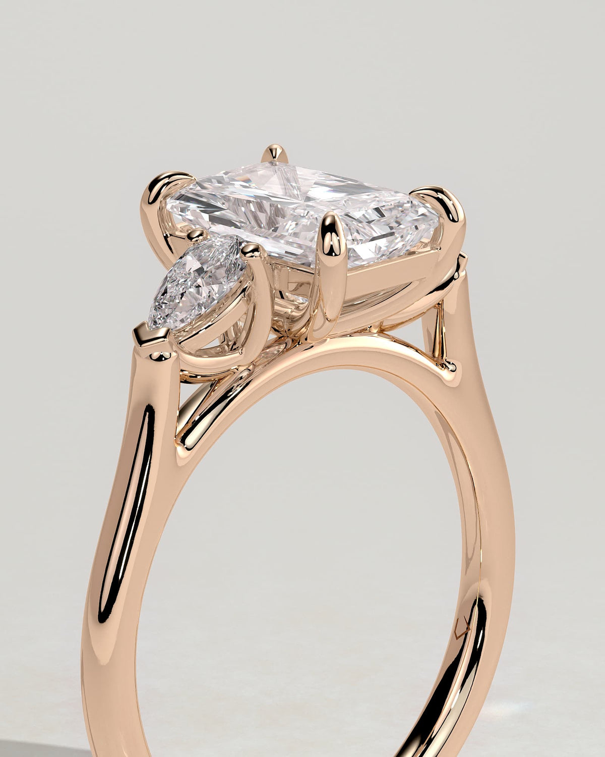 Jasmine - Radiant Claw Trilogy with Pear Side Stones and Cathedral Setting Engagement Ring - Rose Gold