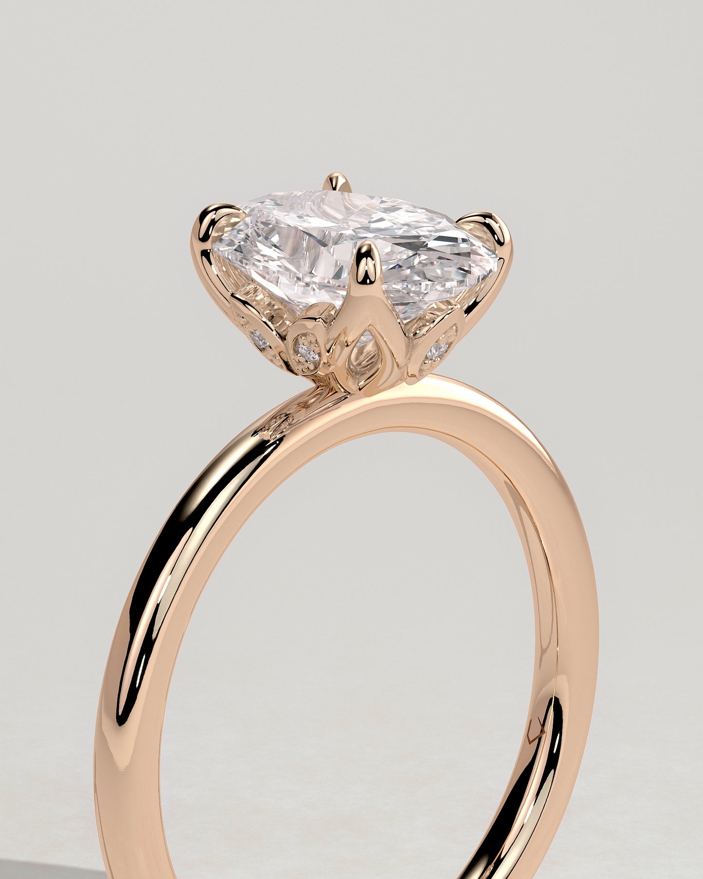 Aurelie - Oval Claw Solitaire with Petal Gallery and Accent Leaf Detail Engagement Ring - Rose Gold - Rose Gold 2ct