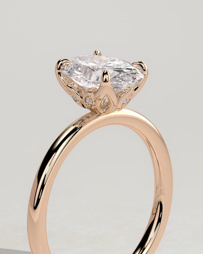 Aurelie - Oval Claw Solitaire with Petal Gallery and Accent Leaf Detail Engagement Ring - Rose Gold