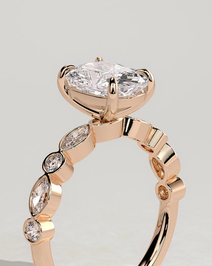 Carrie - Elongated Cushion Claw Solitaire with Round-Marquise Bezel Accent Stones Engagement Ring - Rose Gold