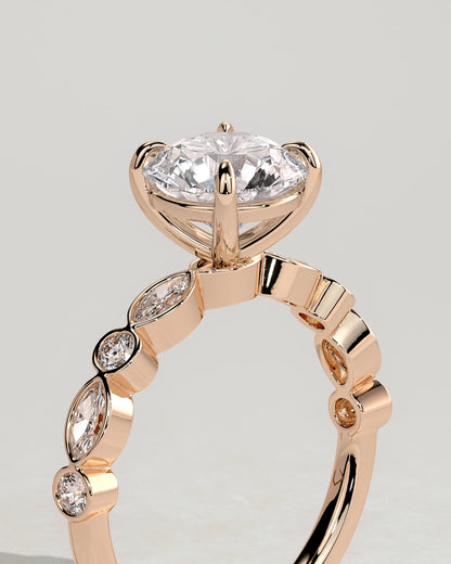 Cartia - Round Claw Solitaire with Round-Marquise Bezel Accent Stones Engagement Ring - Rose Gold