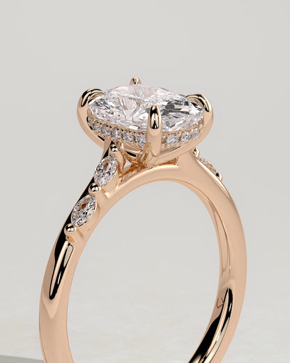 Elle - Elongated Cushion Claw Solitaire with Hidden Halo, Opposing Marquise Accents and Cathedral High Setting Engagement Ring - Rose Gold