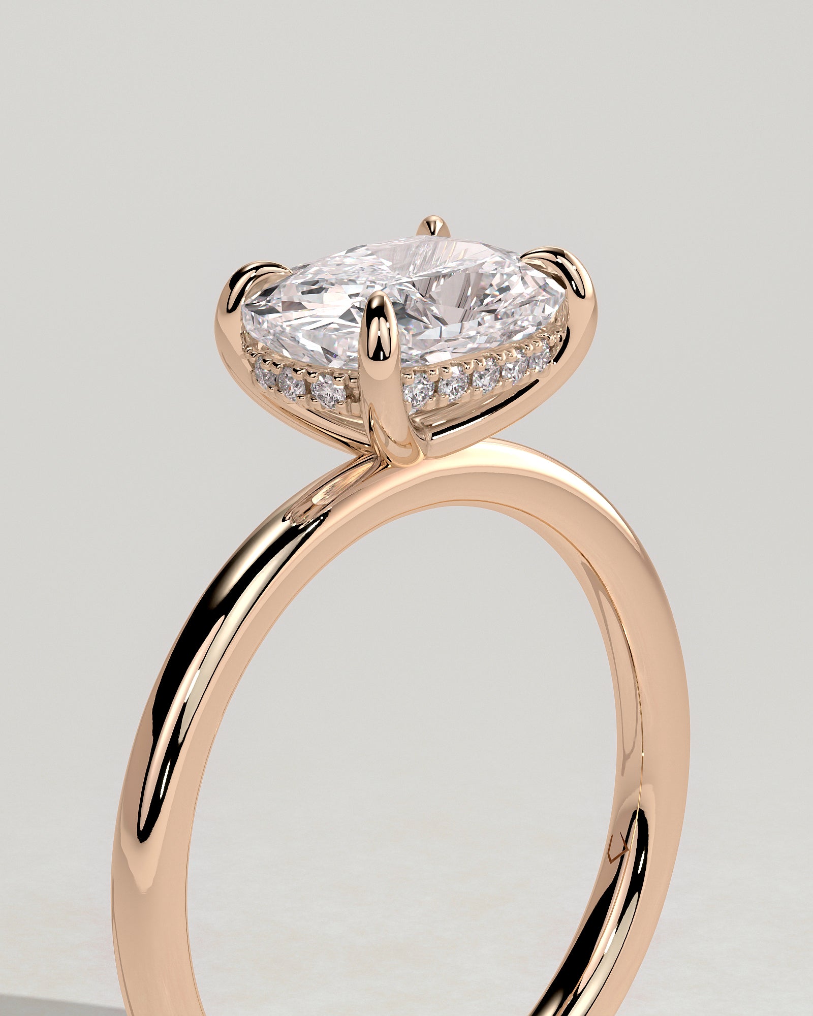 Frida - Elongated Cushion East West Claw Solitaire with Hidden Halo Engagement Ring - Rose Gold - Rose Gold 2ct