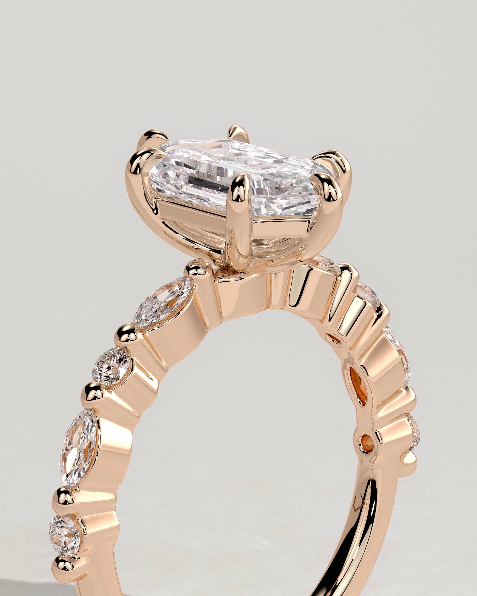Agnes - Elongated Hexagon Claw Solitaire with Marquise and Round Accent Stones Engagement Ring - Rose Gold - Rose Gold 2ct