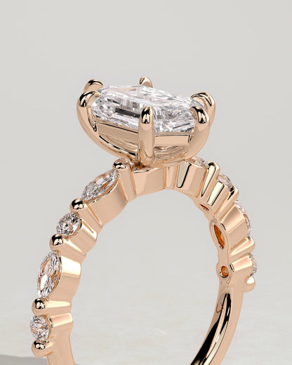 Agnes - Elongated Hexagon Claw Solitaire with Marquise and Round Accent Stones Engagement Ring - Rose Gold - rose gold - Lara Jewels