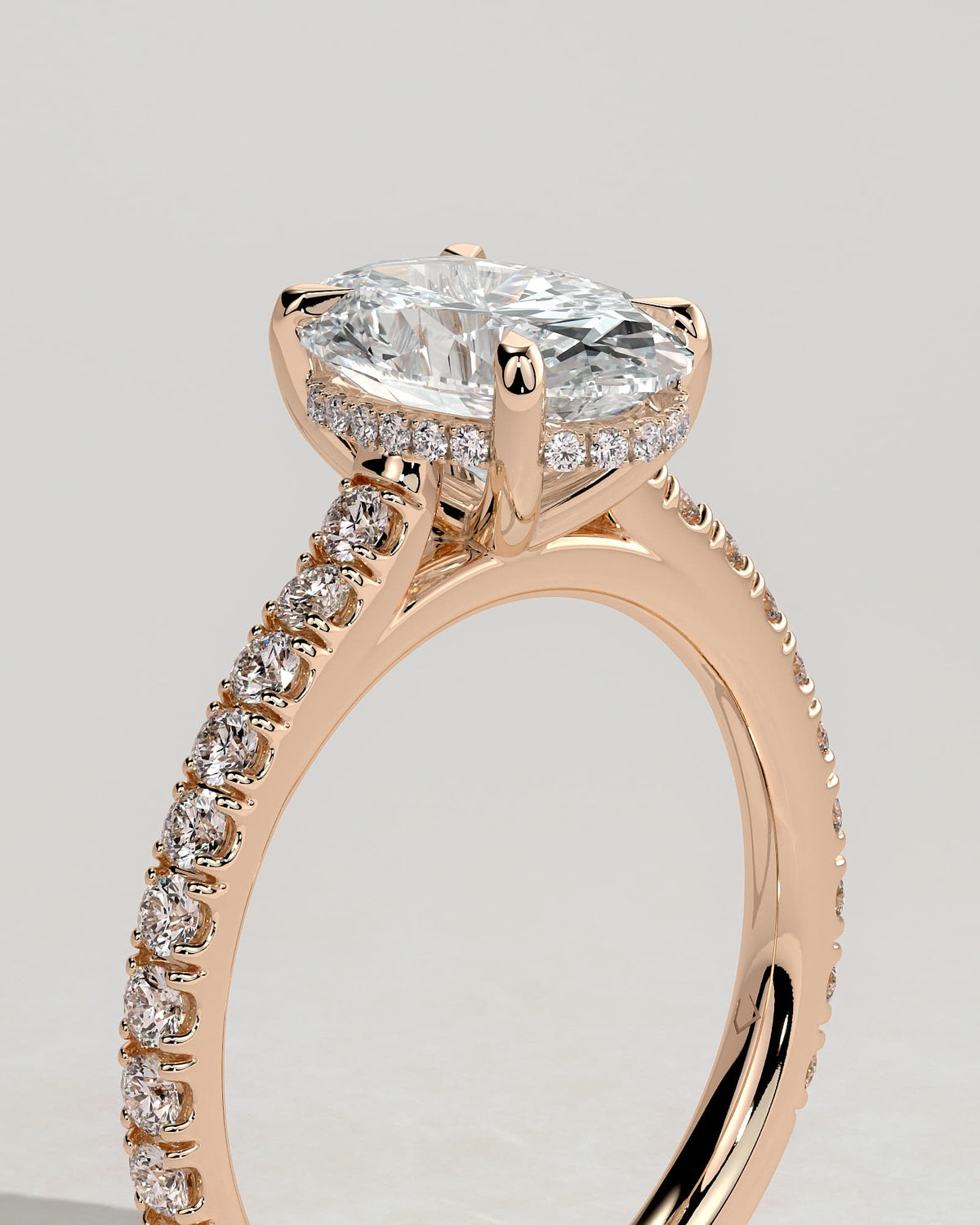 Julia - Oval Claw Solitaire with Hidden Halo, Pave Band and Cathedral High Setting Engagement Ring - Rose Gold