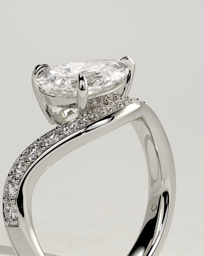Eliza - Pear Claw Solitaire with Bead Set Pave Wave Band and East West Setting Engagement Ring - Platinum