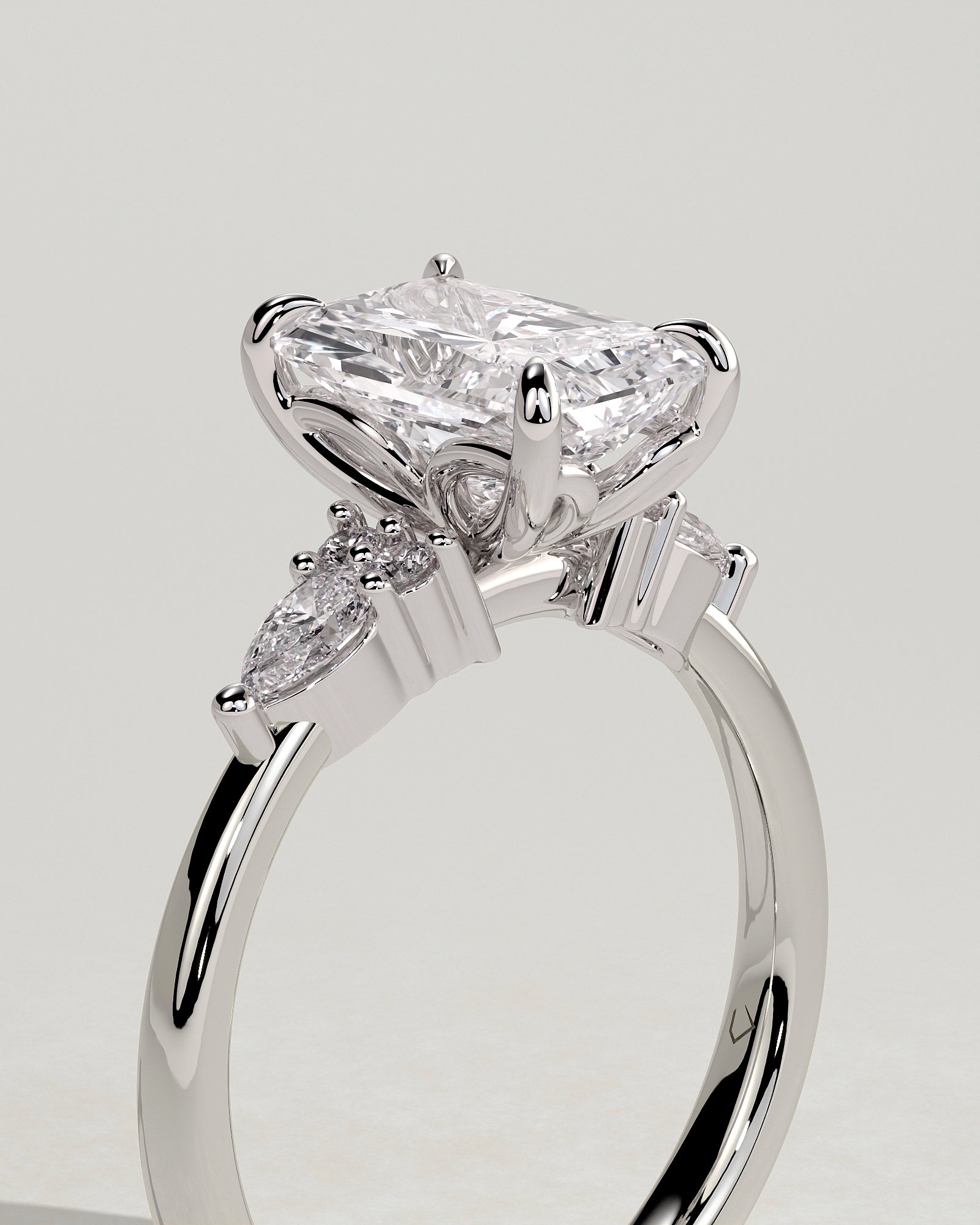 Heidi - Radiant Claw Solitaire with Pear Accents and Round Shoulder Stones Engagement Ring - Platinum - White Gold / Platinum 2ct