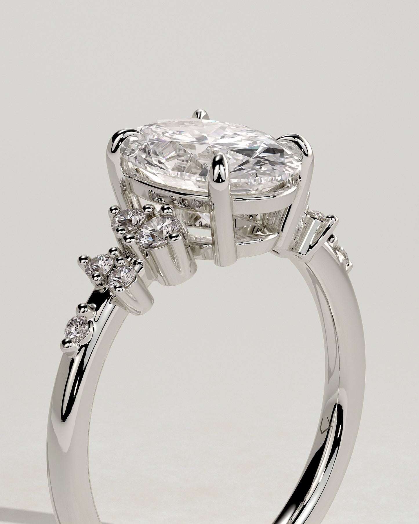 Bella - Oval Claw Solitaire with Clustered Round Shoulder Stones Engagement Ring - Platinum - White Gold / Platinum 2ct