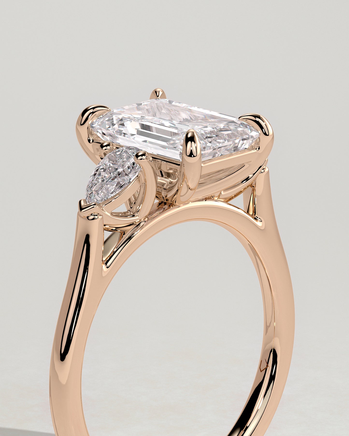 Davina - Emerald Claw Trilogy with Pear Side Stones and Cathedral Setting Engagement Ring - Rose Gold