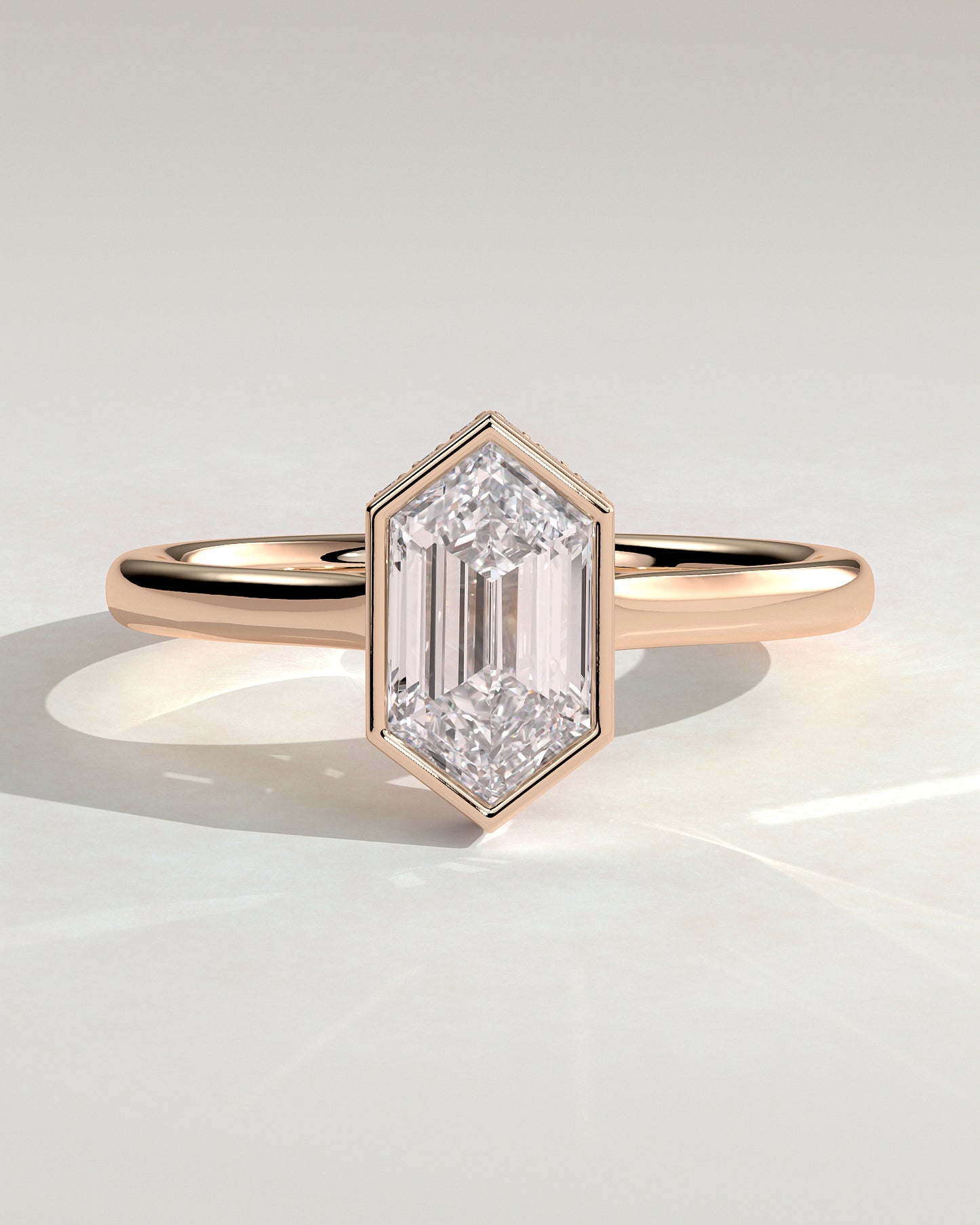 Gloria - Elongated Hexagon Bezel Solitaire with Hidden Halo and Cathedral High Setting Engagement Ring - Rose Gold