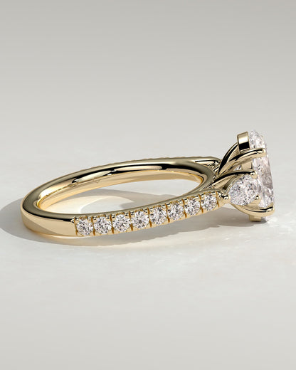 Arabella - Oval Claw Trilogy with Pear Side Stones and Pave Band Engagement Ring - Yellow Gold