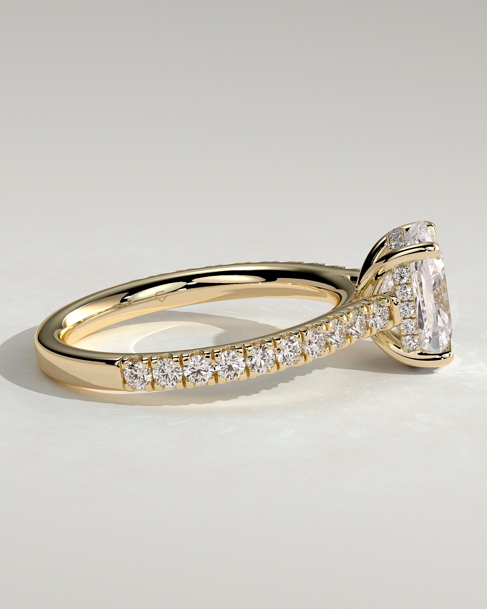 Annika - Elongated Cushion Claw Solitaire with Hidden Halo, Pave Band and Cathedral High Setting Engagement Ring - Yellow Gold - Yellow Gold 2ct