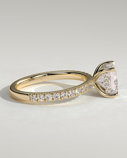 Annie - Princess Claw Solitaire with Hidden Halo and Pave Band Engagement Ring - Yellow Gold