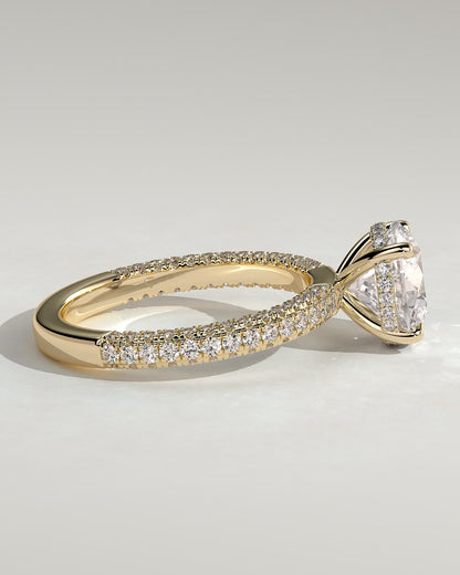 Alex - Round Claw Solitaire with Hidden Halo and Triple Pave Band Engagement Ring - Yellow Gold
