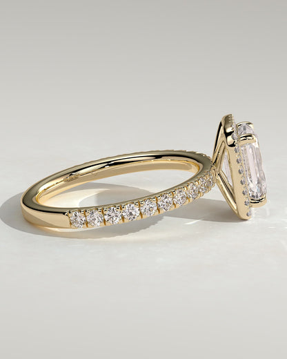 Analyce - Emerald Claw Solitaire with Halo and Pave Band Engagement Ring - Yellow Gold